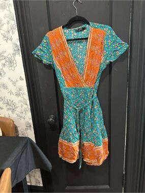 Source Unknown Teal and Orange Floral Wrap Mini Dress